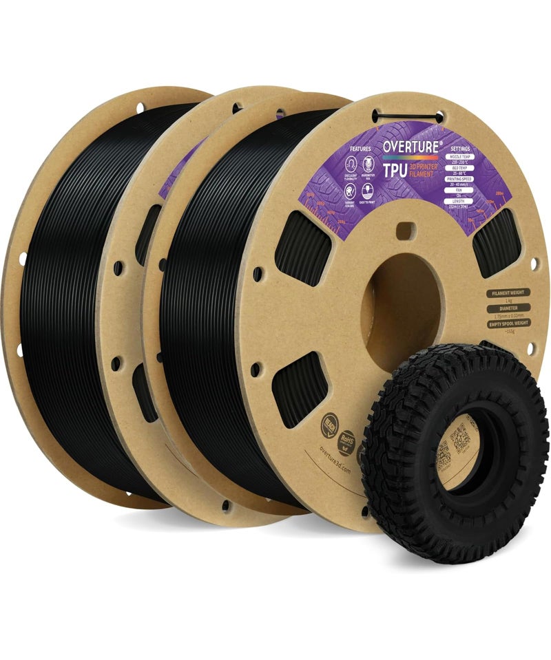 OVERTURE TPU Filament 1.75mm Flexible Roll, 95A Soft 3D Printer Filament, 1kg Spool (2.2 lbs), Fit Most FDM Printer (TPU Black 2-Pack) - Image 1